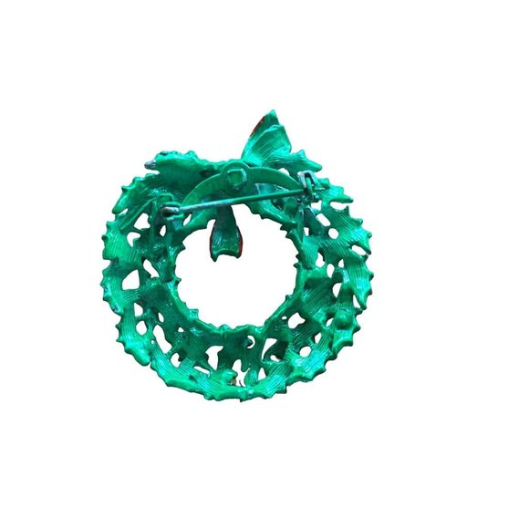 Vintage Holiday Wreath Brooch Green Red Blue Stones Pin 2" Diameter - Picture 5 of 7